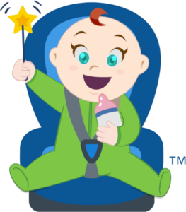 cartoon baby in car seat waving star wand
